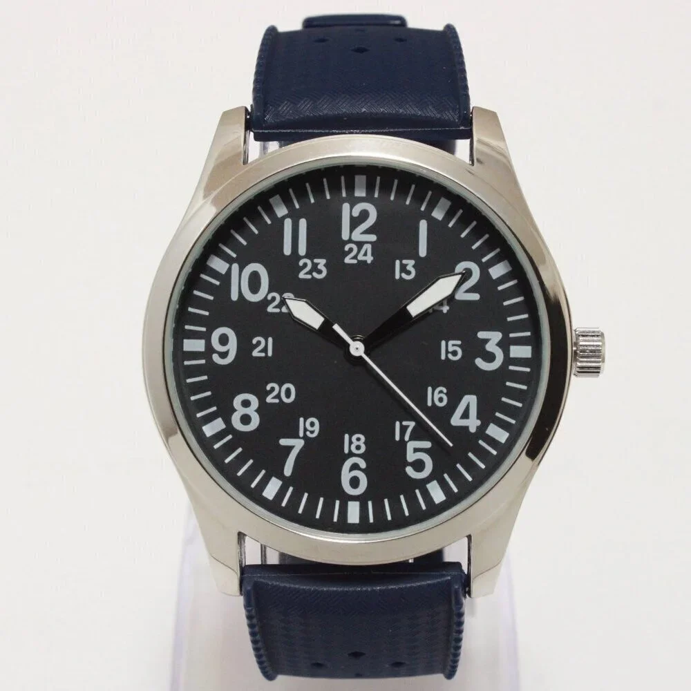 Men's Quartz Field Watch Silver Tone Case Blue Tropical Rubber Strap 42mm